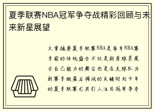 夏季联赛NBA冠军争夺战精彩回顾与未来新星展望